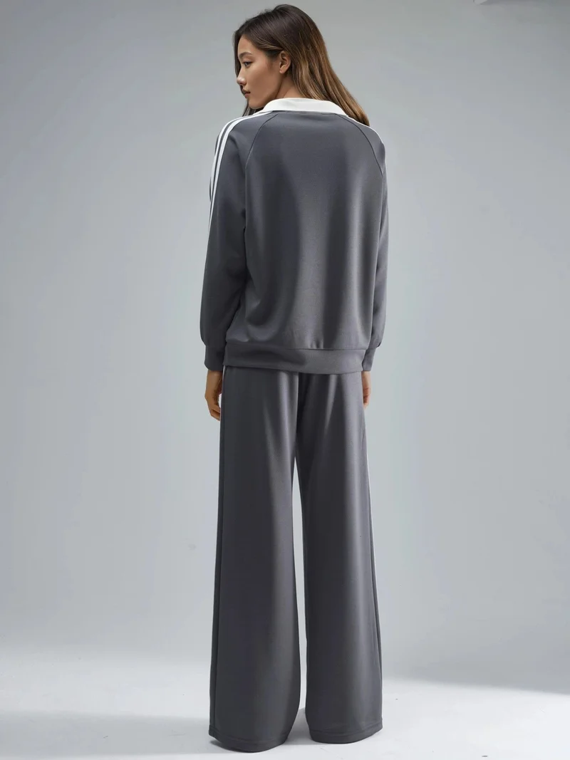 HICCUP Grey Modal Touch Wide Leg Striped Two-Piece Coord Set with Zipper Collar Bersan Collection for Women | Best Price UAE